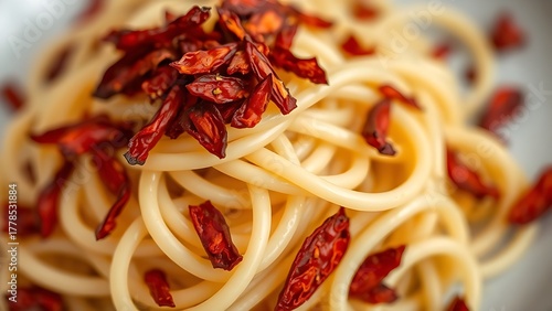 calabrese. Plate of pasta topped with vibrant red flakes of dried Calabrese chili pepper. menu design, packaging mockups, designed for culinary blogs and recipe cards for restaurants.