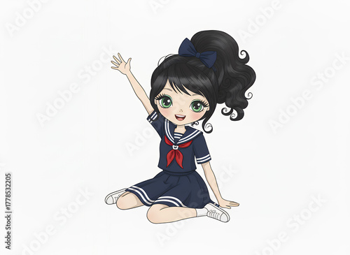 Cheerful Anime Schoolgirl Waving in Sailor Uniform