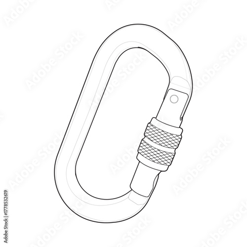 A simple black and white line art vector illustration of a locking carabiner. Isolated outline icon graphic of safety climbing equipment.