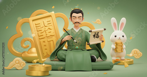 Chinese New Year Prosperity: Calligraphy Master and Lucky Rabbit with Gold Coins