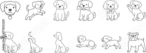 Cute Dog Vector Icon Set Minimal Line Art Puppy Illustrations in Clean Black Outline Style Ai Generated