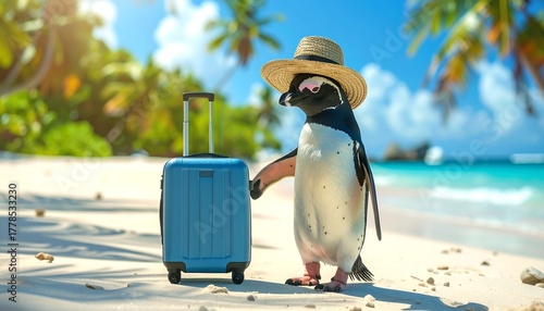 A penguin stands on a sunny beach with a blue suitcase and straw hat, palms in the background