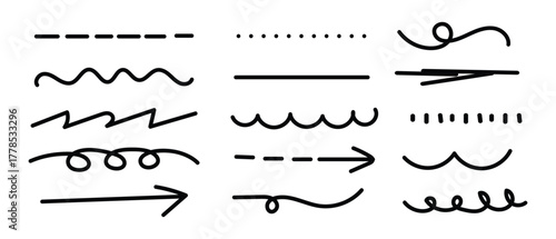 Collection of hand-drawn lines and arrows. Curved lines, straight lines, and arrows. Dotted lines, wavy lines, and zigzag lines. Black hand drawn elements, vector set. eps 10