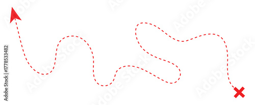 Treasure map element. A dashed arrow line and red X mark ink on the map, the treasure map with a dotted line. curved Dashed outline arrows set. 