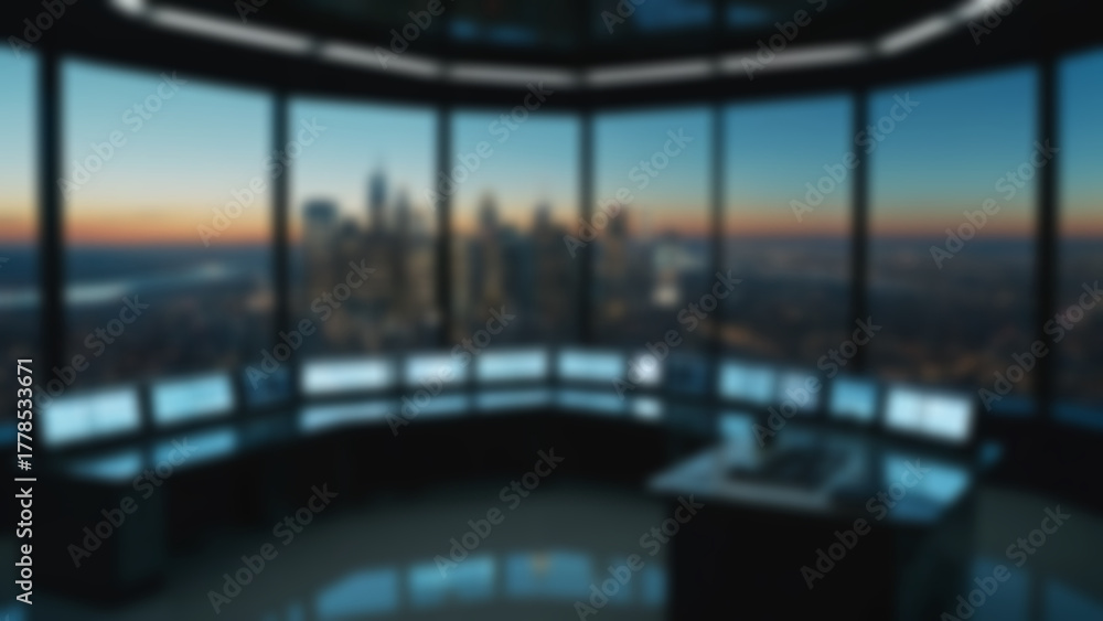 Fototapeta premium Blurred background of modern office environment featuring multiple screens with financial data, walpaper blur.