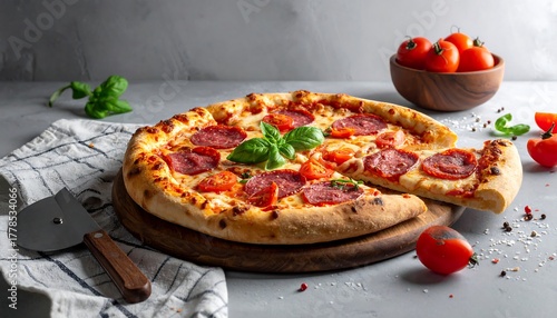 A pepperoni pizza on a wooden board, with basil and tomatoes, against a gray backdrop, alongside a pizza cutter