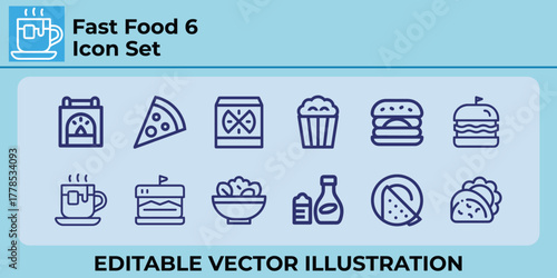Fast food and drink outline icons, snacks, burgers, and beverages