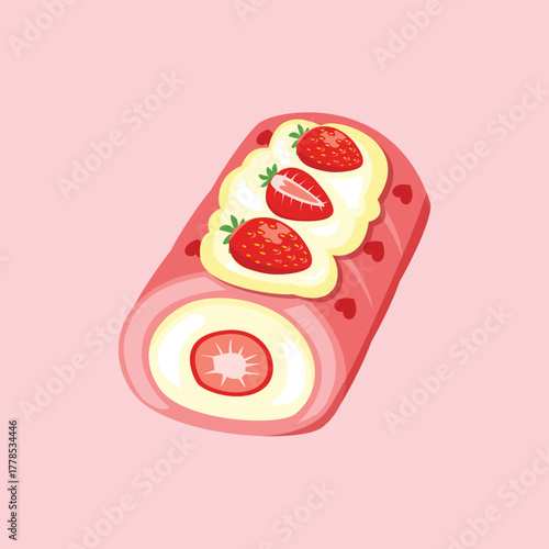 Strawberry swiss roll cake filled with cream and decorated with fresh strawberries.
