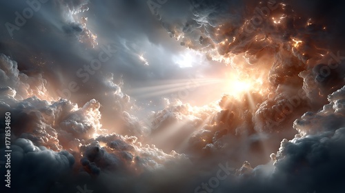 Dramatic Cloudy Sky with Rays of Light Breaking Through Darkness