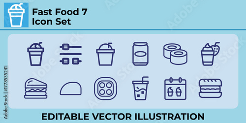Fast food and dessert outline icon collection for menu design