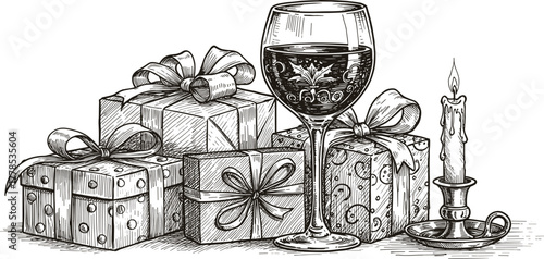 Hand Drawn Holiday Still Life Illustration, Wine Glass, Gifts Boxes with Ribbon Bows, and Burning Candle in Holder, Vintage Engraving Sketch Vector Art.