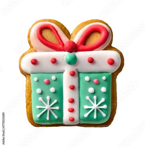 Christmas gift box icing cookie isolated on transparent background