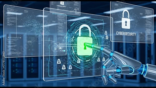 Robot hand interacts with a holographic interface displaying cybersecurity and data protection elements.