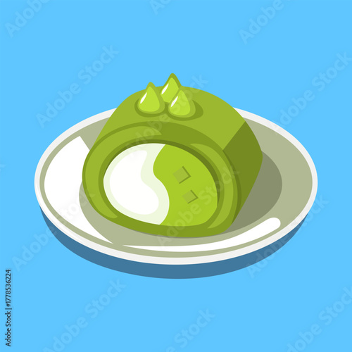 Traditional Japanese matcha mochi with white filling on a plate in a minimal sweet food design.