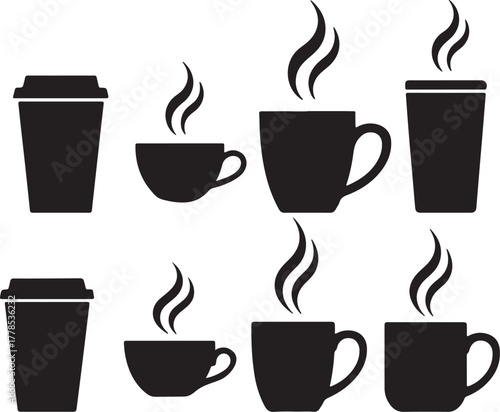 Collection of black coffee cups and mugs