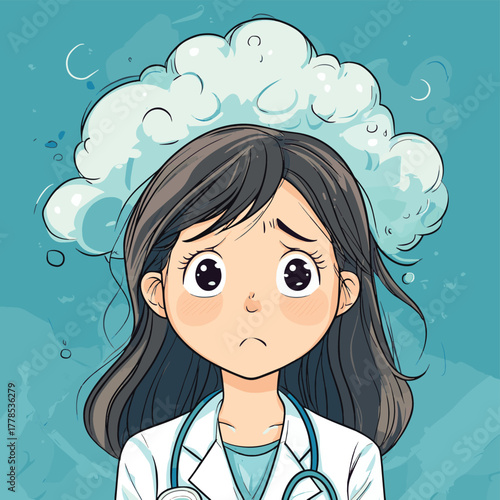 Doctor feeling stressed and overwhelmed with worry lines appearing on her forehead   , vector style simple color