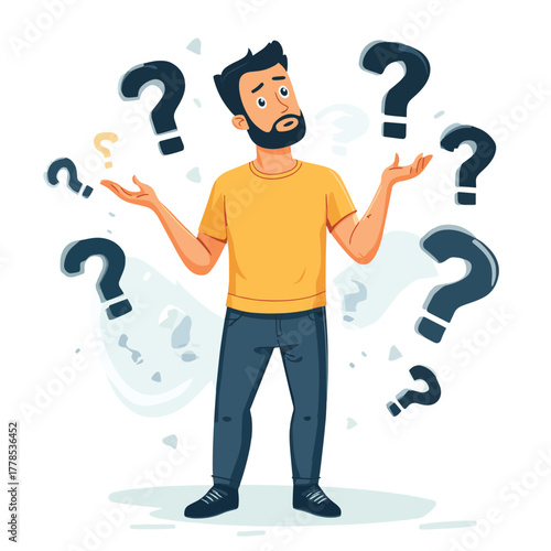 A confused man shrugging his shoulders surrounded by question marks illustrating uncertainty and doubt   , vector style simple color