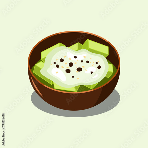 Fresh fruit salad topped with creamy matcha dressing served in a wooden bowl.