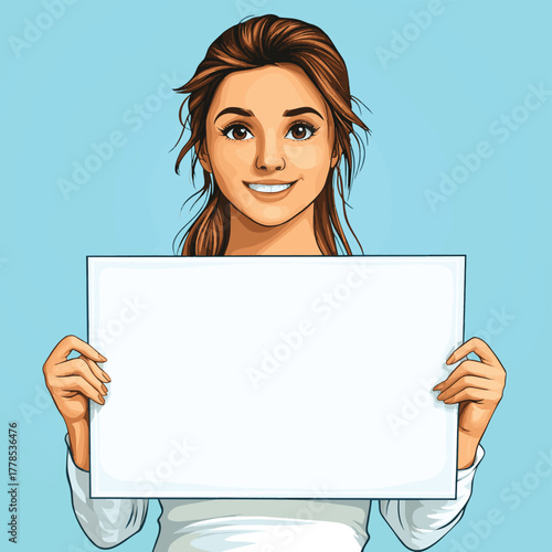 Excited young woman holding a blank white board for your message or information   , vector style simple color