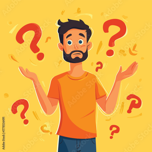 A confused man shrugging his shoulders surrounded by question marks illustrating uncertainty and doubt   , vector style simple color