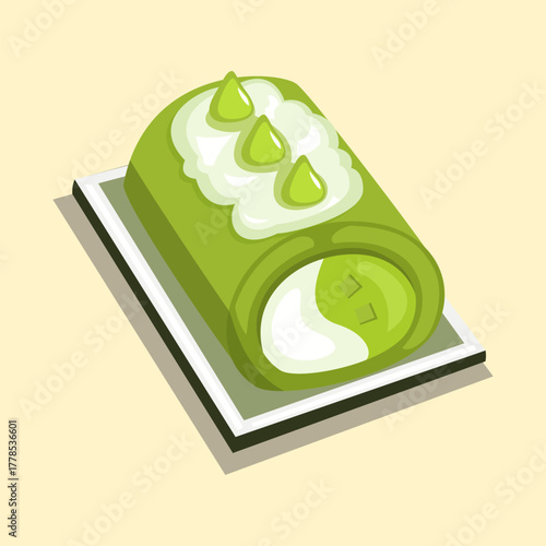 Green tea matcha swiss roll cake with creamy filling on a plate in a delicious dessert illustration.