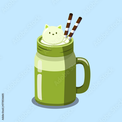 Cute green tea matcha drink with whipped cream and cat-shaped topping in a kawaii beverage illustration.