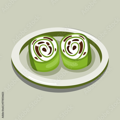 Delicious matcha green tea Swiss roll dessert on white plate illustration.