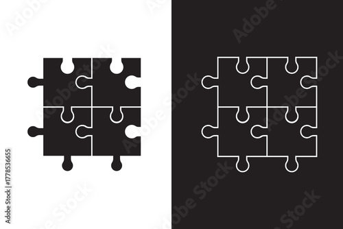 Two pieces of jigsaw puzzle or autism puzzle piece symbol flat vector icon for apps and websites