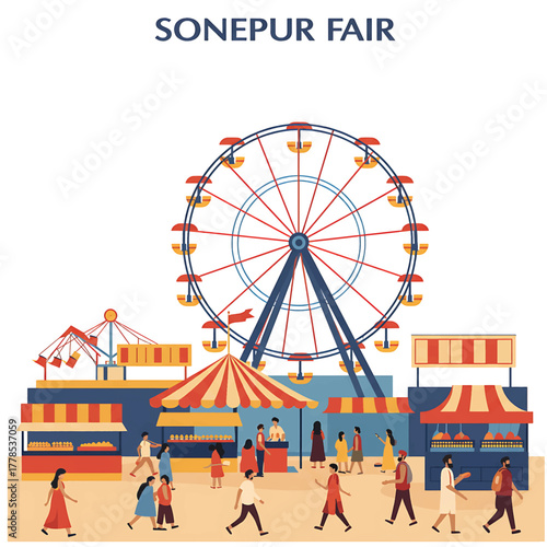 Illustration of people walking around a colorful fairground with a large Ferris wheel and booths.