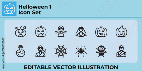 Halloween themed vector icons set featuring spooky characters and symbols
