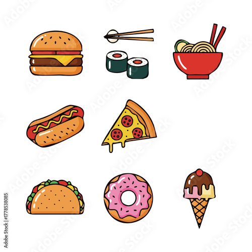Cartoon illustration of various fast food items including burger, sushi, ramen, hotdog, pizza, taco, donut, and ice cream.