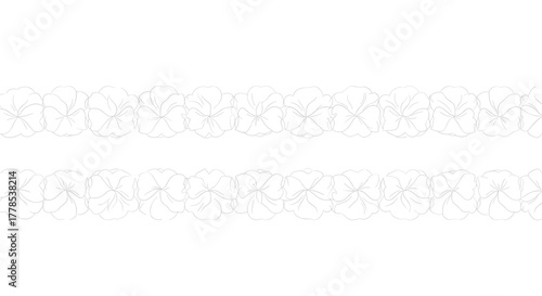 Two delicate, horizontal rows of outline flower sketches, resembling pansies or violets, forming a light and airy decorative border against a clean white background.