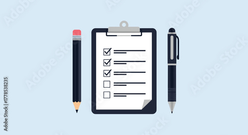 A clear graphic illustration of a dark blue clipboard with a white checklist showing tasks, positioned between a black pencil and a black pen, on a light blue background.