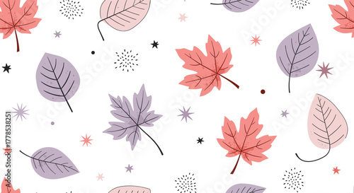 A charming seamless pattern with autumn leaves in pastel pink and purple tones, accented by playful stars and dots on a white background.