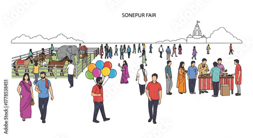 Illustration of a lively outdoor festival with people walking and socializing in a colorful setting.