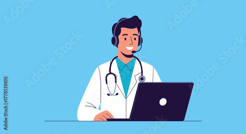 Male doctor offering online medical consultation via laptop and headset, representing modern telehealth services.