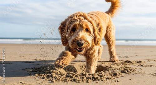 Happy Goldendoodle dog digging in the sand on a sunny beach
