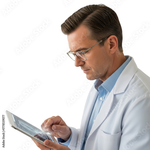 Scientist in lab coat using tablet isolated on transparent background