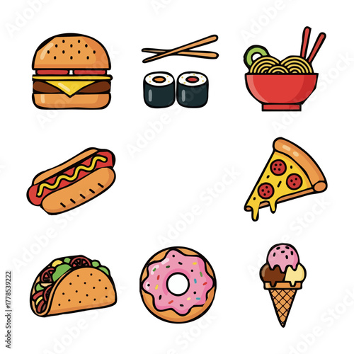 Cartoon illustration of fast food items including burger, sushi, ramen, hotdog, pizza, taco, donut, and ice cream.