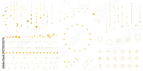 星空をイメージしたシンプルな飾り罫線・ラインのイラストセット　キラキラ　点線