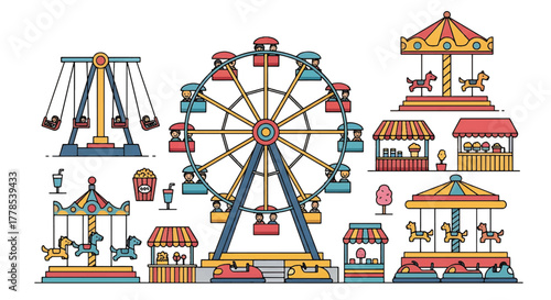 Colorful illustration of various carnival rides and attractions on a white background.
