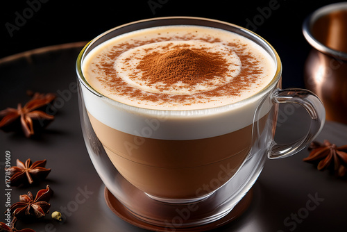 High-Resolution Image of a Chai Tea Latte Surrounded by Cinnamon and Star Anise, Ideal for Creative Projects Promoting Mindfulness and Wellness
