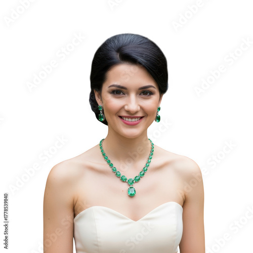 Elegant woman wearing emerald jewelry isolated on transparent background