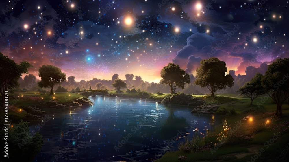 Fototapeta premium Enchanting Twilight Landscape with a Serene Lake Reflecting a Starry Sky and Flickering Lanterns