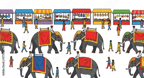 Illustration of colorful elephants with riders and people walking in front of market stalls.