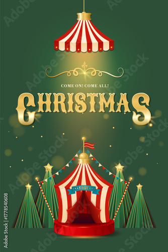 Christmas circus invitation poster. Colorful vintage magic show, theatre, attractions, carnival banner. Creative design for events, festival, party and more. Retro vertical vector illustration