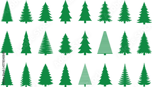 Stylized pine tree set, green forest silhouettes, conifer shapes, nature vector design, evergreen tree variations, botanical illustration, seasonal elements, minimal tree icons