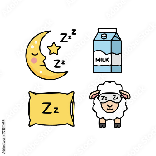 Sleep-related icons: moon, milk, pillow, and sheep with eye mask.