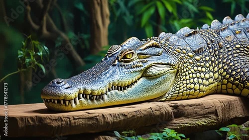 Close up of a crocodile resting on a log with green foliage in the background outdoors crocodile green screen video