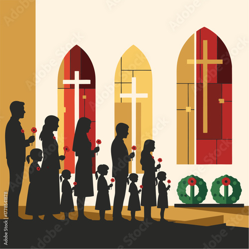 Geometric Style Remembrance Day Scene with Family Silhouette in Church